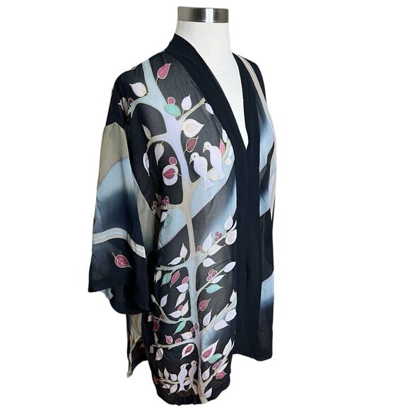 3/$30 Drapers Studio Kimono Womens One Size Black Striped Multicolor Silk Bird - Picture 1 of 11